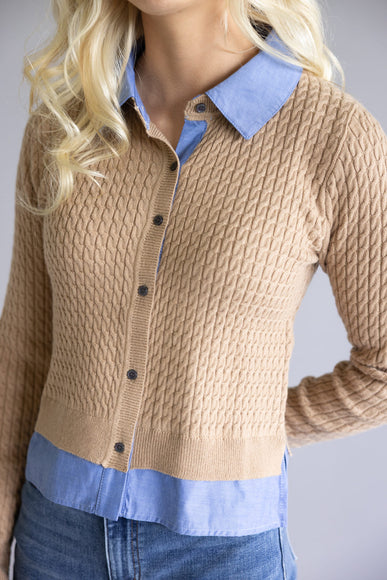 Aaron & Amber Cable Knit Mixed Media Button Front Top for Women in Taupe