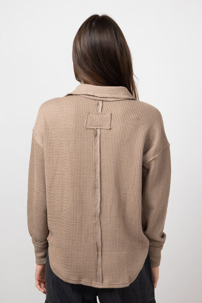 Blu Pepper Ribbed Knit Johnny Collar Polo Shirt for Women in