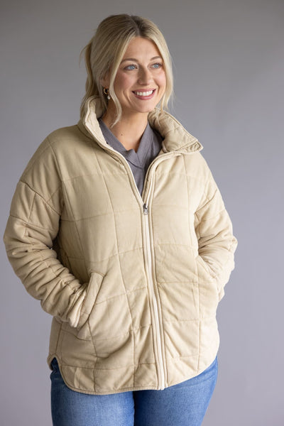 Garment Washed Quilted Jacket for Women in Beige