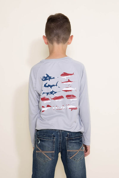 Huk Fishing Youth KC Flag Fish Pursuit Long Sleeve T-Shirt for Boys in Grey