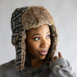 Faux Fur Trapper Hat for Women in Snowflake Black