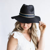 Straw Wide Brim Hat with Band for Women in Black