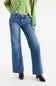 A person wearing blue wide-leg denim jeans, a light green sweater, and black ankle boots, photographed against a plain white studio background.