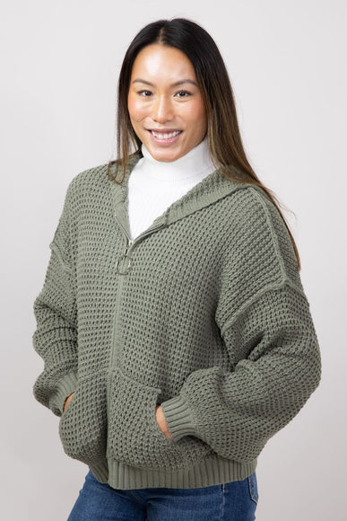 Miracle Textured Hooded Zip Sweater for Women in Sage