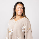 Miracle V Neck White Floral Sweater for Women in Taupe