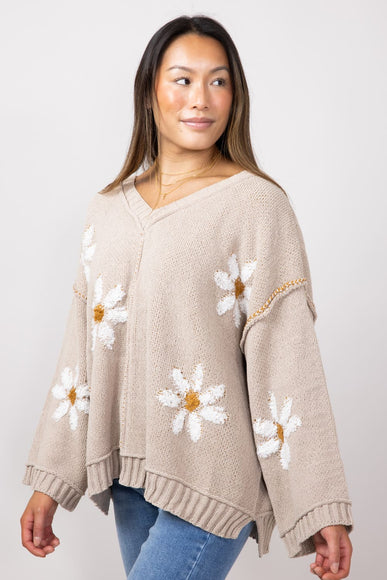 Miracle V Neck White Floral Sweater for Women in Taupe
