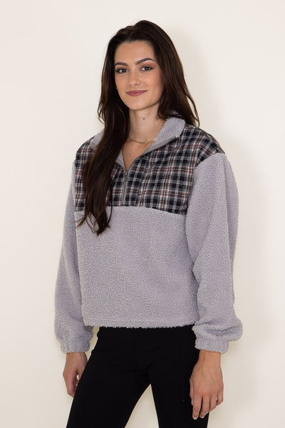Simply Southern Simply Soft Plaid Chest Quarter Zip Pullover for Women in Cloud