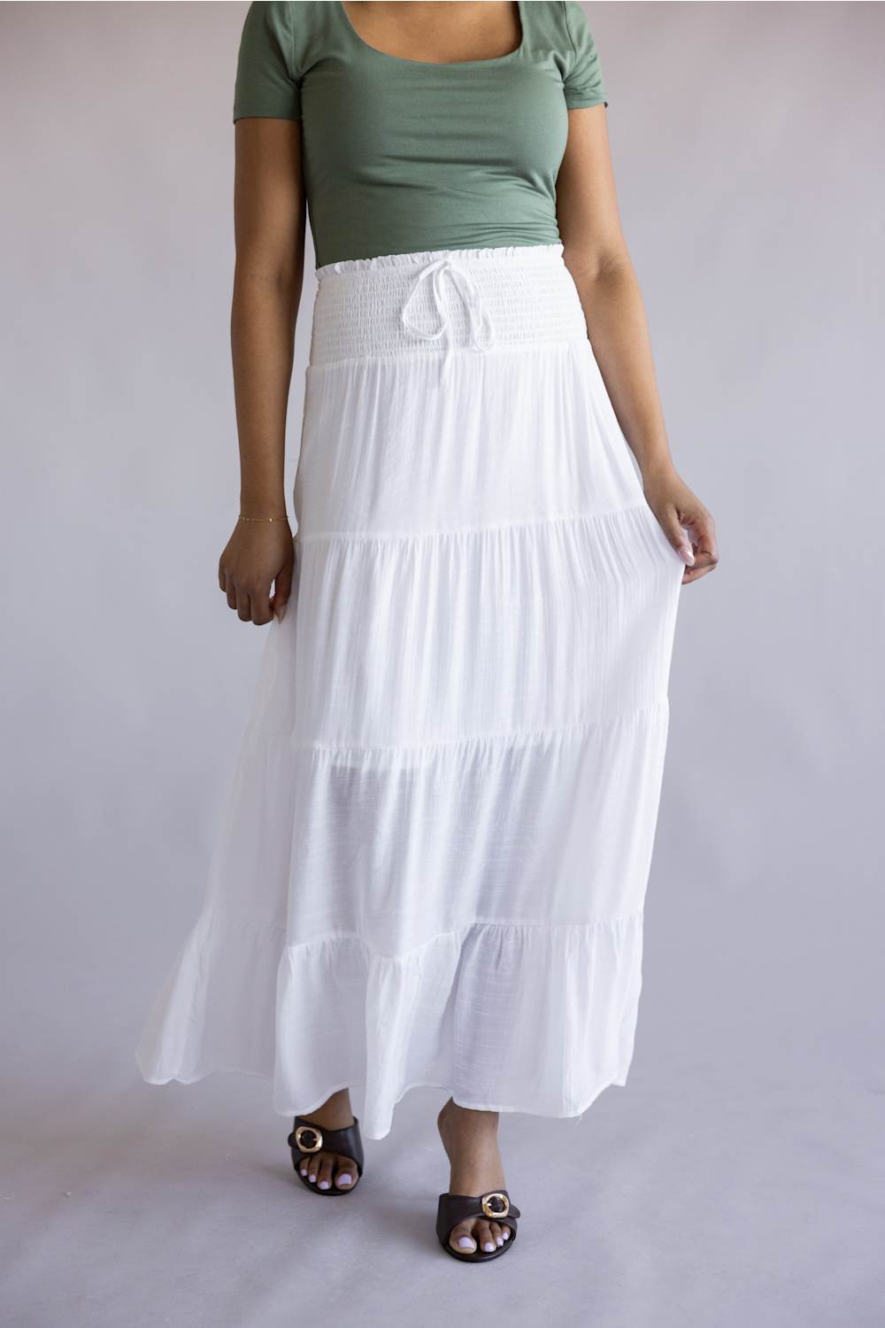 Love Tree Tie Waist Tiered Maxi Skirt for Women in White | 7289SH