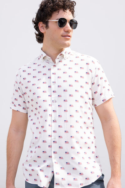 USA Flag Pattern Button Down Shirt for Men in Grey/White