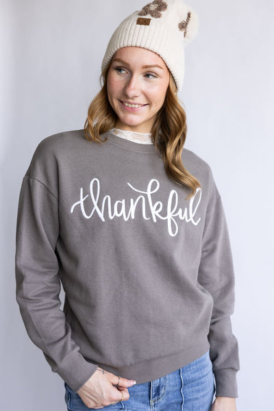 1897 Active Thankful Graphic Fleece Sweatshirt for Women in Fossil | GT052-THANKFUL-FOSSIL
