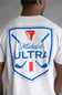A person viewed from the back wearing a white short-sleeve T-shirt with a large blue and red Michelob ULTRA golf graphic printed on the back.