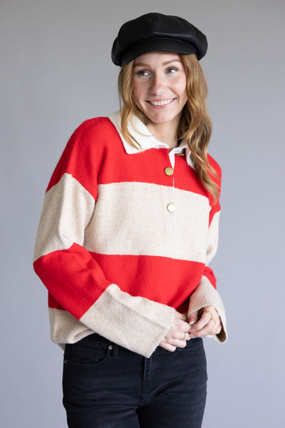 Striped Polo Sweater for Women in Cream/Red