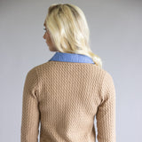 Aaron & Amber Cable Knit Mixed Media Button Front Top for Women in Taupe
