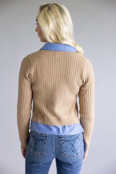 Aaron & Amber Cable Knit Mixed Media Button Front Top for Women in Taupe
