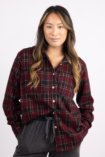C&C California Marina Jacquard Plaid Button Up Shirt for Women in Red