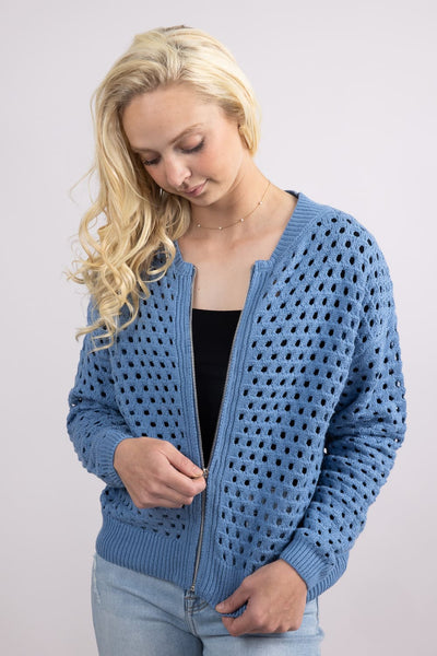 Elan Open Knit Front Zip Cardigan for Women in Blue