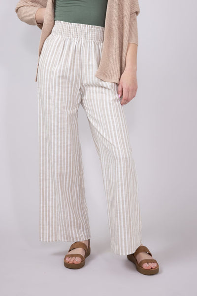 Smocked Waist Linen Wide Pants for Women in Taupe