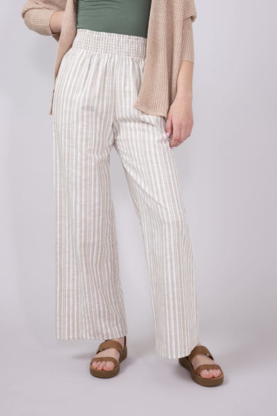 Smocked Waist Linen Wide Leg Pants for Women in Taupe