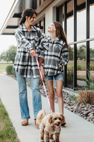Youth Brushed Tweed Plaid Shacket for Girls in Grey