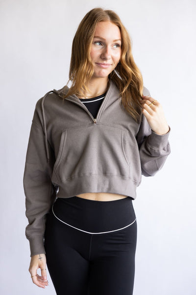 Half Zip Drawstring Fleece Hoodie for Women in Brown