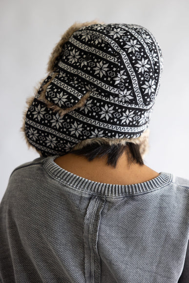 Faux Fur Trapper Hat for Women in Snowflake Black