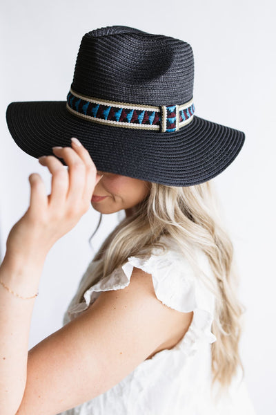 Black Straw Hat with Leather Trim Hat Band with Buckle