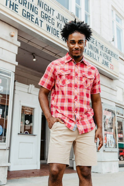 Plaid Button Up Shirt for Men in Red