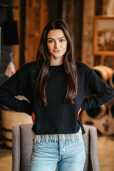 Pearl Front Hem Sweater for Women in Black