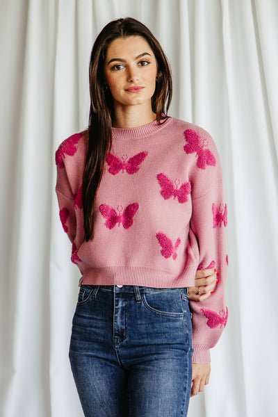 Womens Simply Southern Butterfly Print Cropped Sweater for Women in Pink