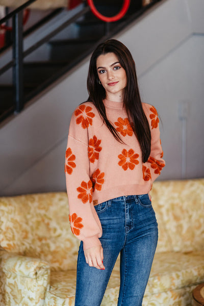 Simply Southern Womens Daisy Print Cropped Sweater for Women in Peach Orange