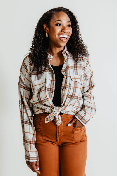 Womens Simply Southern Plaid Button Up Shirt for Women in White/Brown