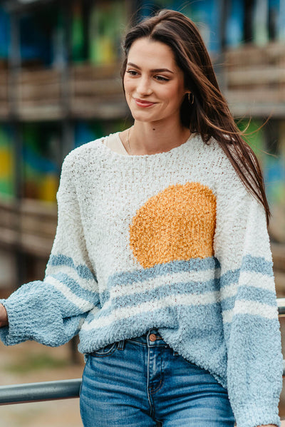 Simply Southern Womens Clothing Sun With Stripes Popcorn Crewneck Sweater for Women in White