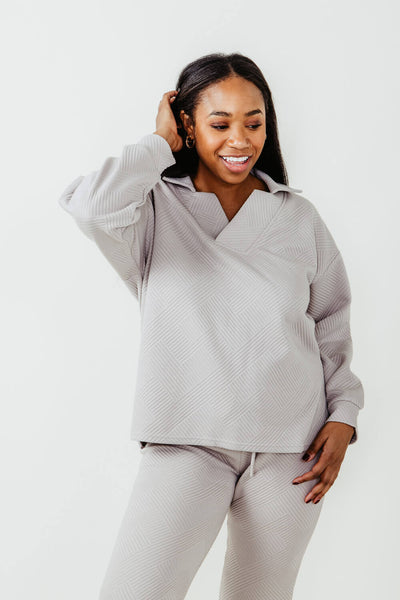 Textured Split Neck Collared Shirt for Women in Brown