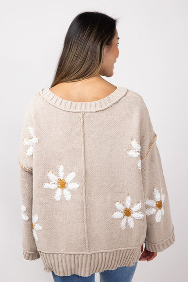 Miracle V Neck White Floral Sweater for Women in Taupe