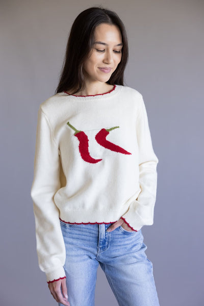 Red Chili Pepper Sweater for Women in Ivory