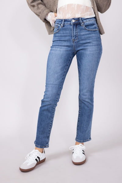 Risen Mid-Rise Medium Wash Straight Leg Jeans for Women