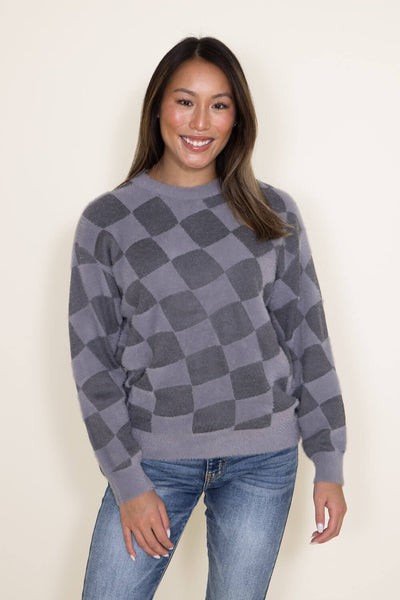 Simply Southern Women Fuzzy Checkerboard Crewneck Sweater for Women in Grey