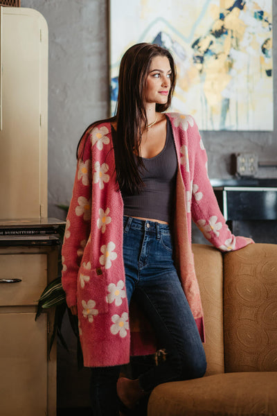 Womens Simply Southern Fuzzy Daisy Print Long Cardigan for Women in Pink