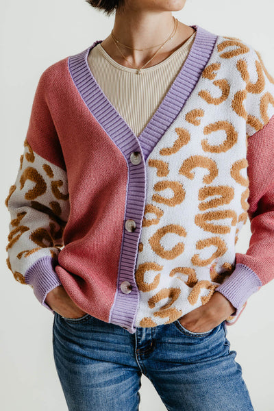 Simply Southern Groovy Leopard Print Cardigan for Women in Multi Pink