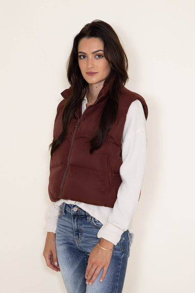 Thread & Supply Issey Cropped Puffer Vest for Women in Malbec Red