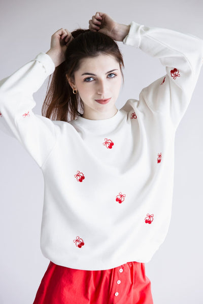 1897 Active Embroidered Cherries And Bows Fleece Sweatshirt for Women in Ivory