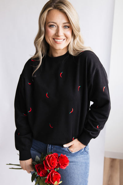 1897 Active Embroidered Chili Peppers Fleece Sweatshirt for Women in Black
