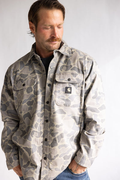 Carhartt Rugged Flex Relaxed Fit Canvas Shirt Jacket for Men in Khaki Camo