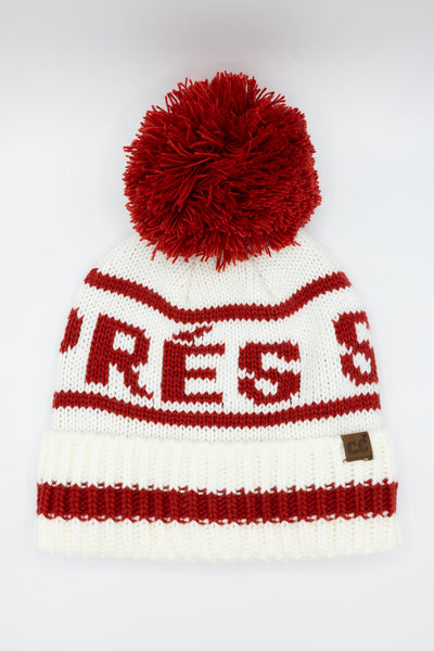 C.C. Apres Ski Yarn Pom Beanie for Women in Ivory/Red