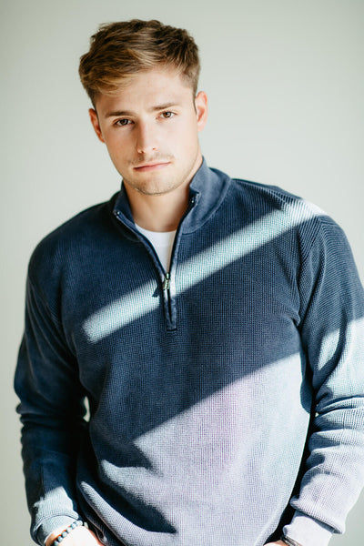 Sand Washed ¼ Zip Sweater for Men in Navy Blue