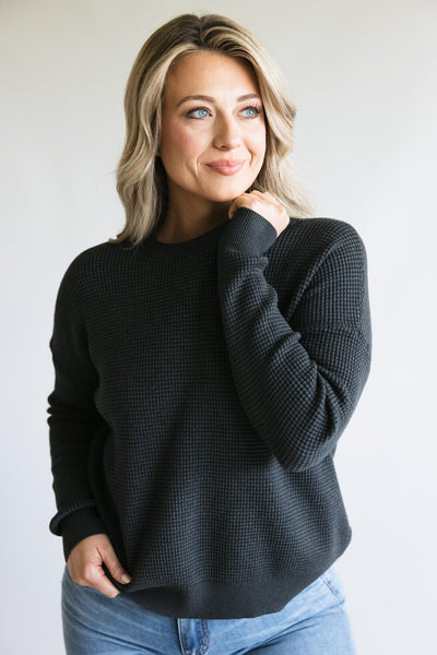 Drop Shoulder Waffle Sweater for Women in Heather Charcoal