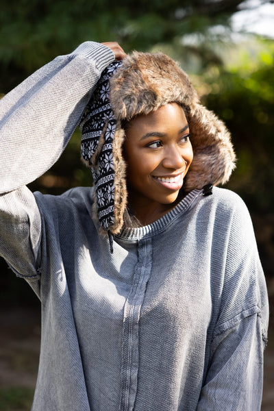 Faux Fur Trapper Hat for Women in Snowflake Black