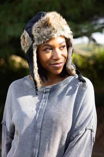 Faux Fur Trapper Hat for Women in Black