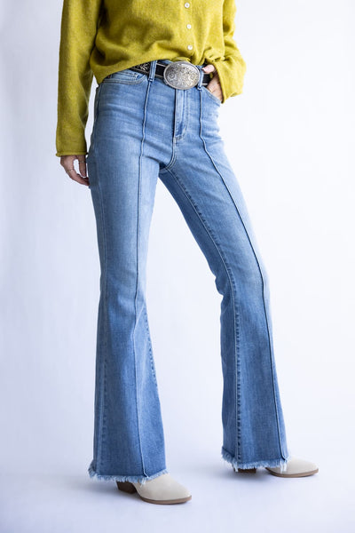 Judy Blue High Rise Pintuck Fray Hem Flare Jeans for Women