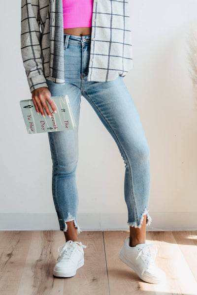 KanCan High Rise Shark Bite Ankle Skinny Jeans for Women